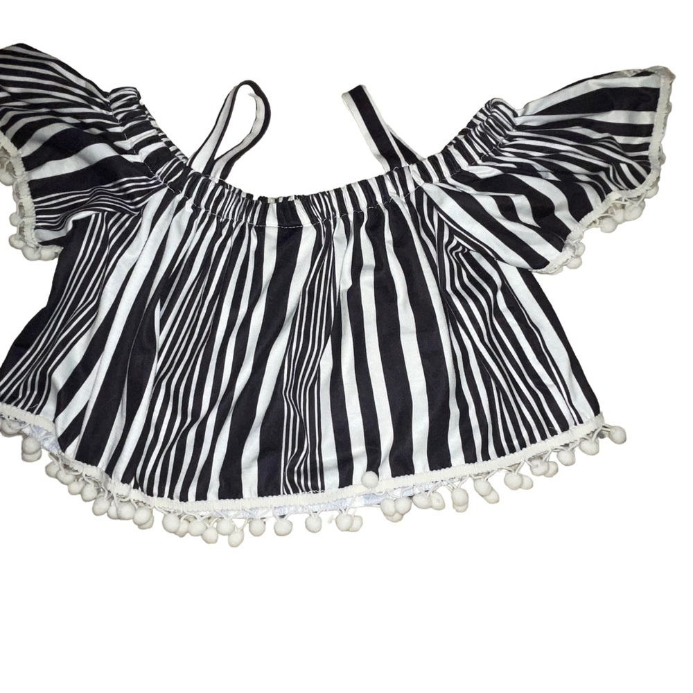 Bonnie Jean Girls Off The Shoulder Crop Top Black White Stripe Size M Tassels